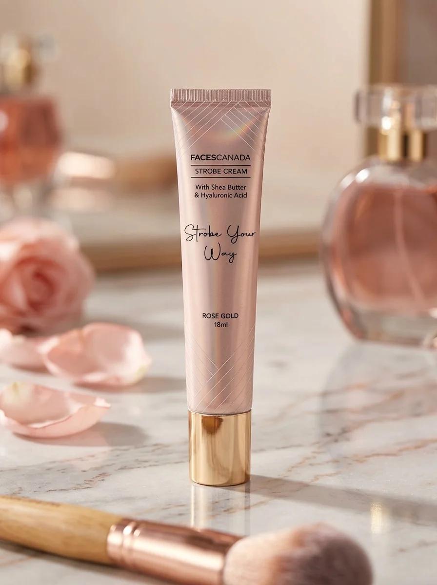 FACES CANADA Strobe Cream with Shea Butter & Hyaluronic Acid, Primer + Highlighter + Moisturizer, Rose Gold (Hydrating Illuminating Cream)
