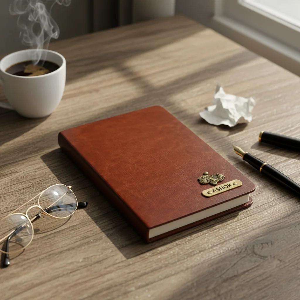 Zpics Premium Personalised Brown Leather Diary with Name and Charm