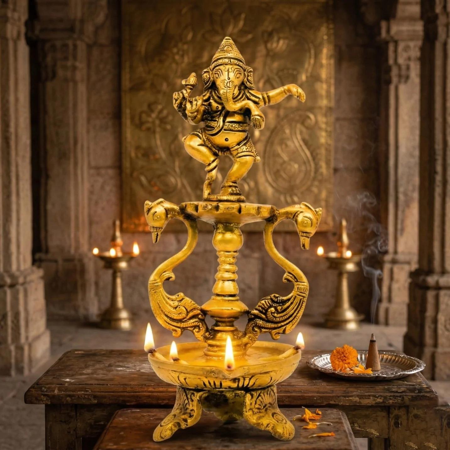Value Gifts Handcrafted Brass Dancing Lord Ganesha Oil Diya for Living Room