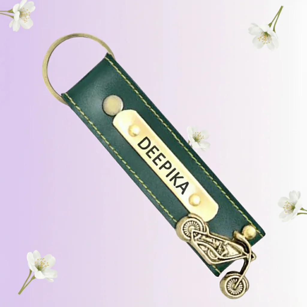 Olive Green Leather Keychain with Custom Name Engraving – Personalized Gift