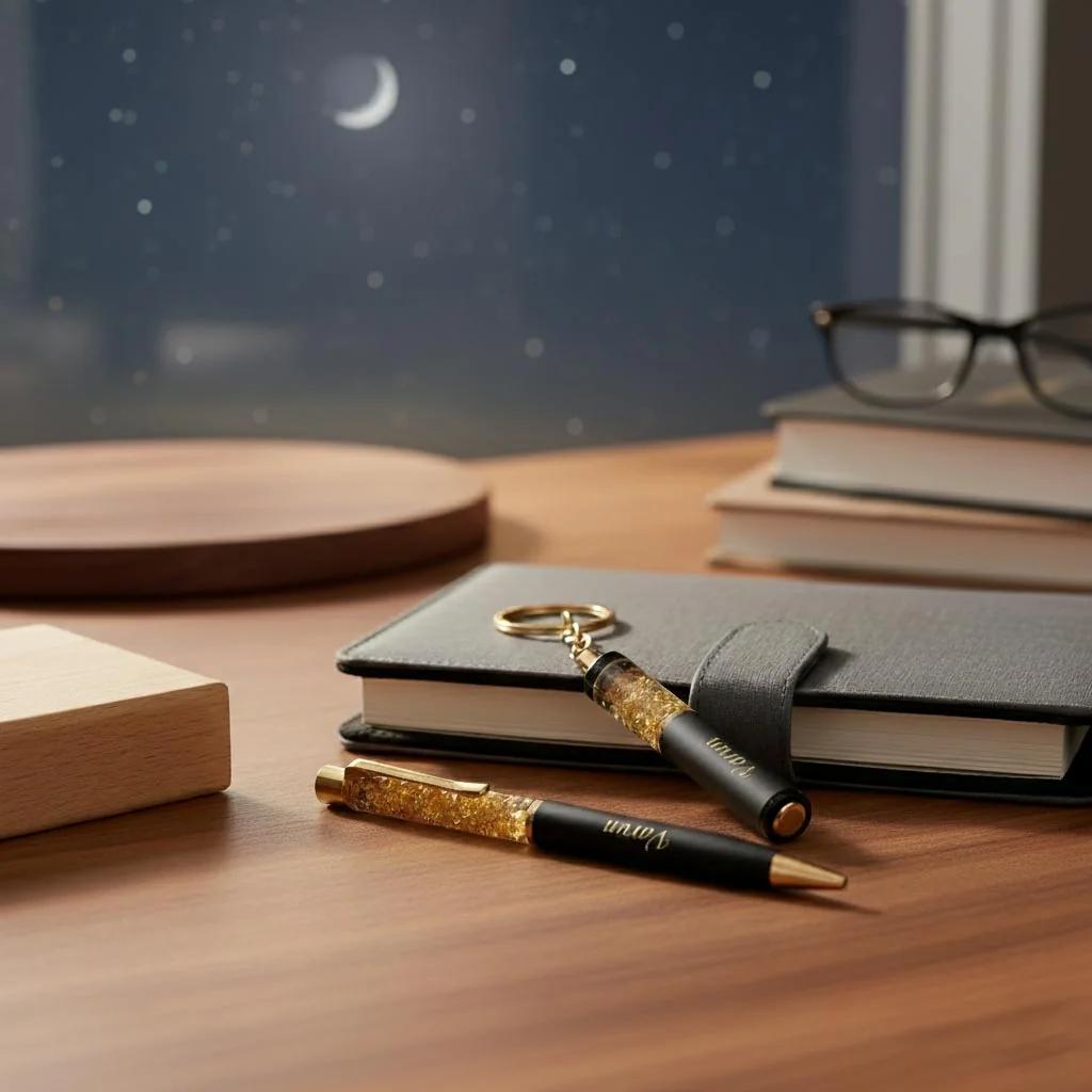 Zpics Gold Flake Pen and Keychain Combo Gift Set