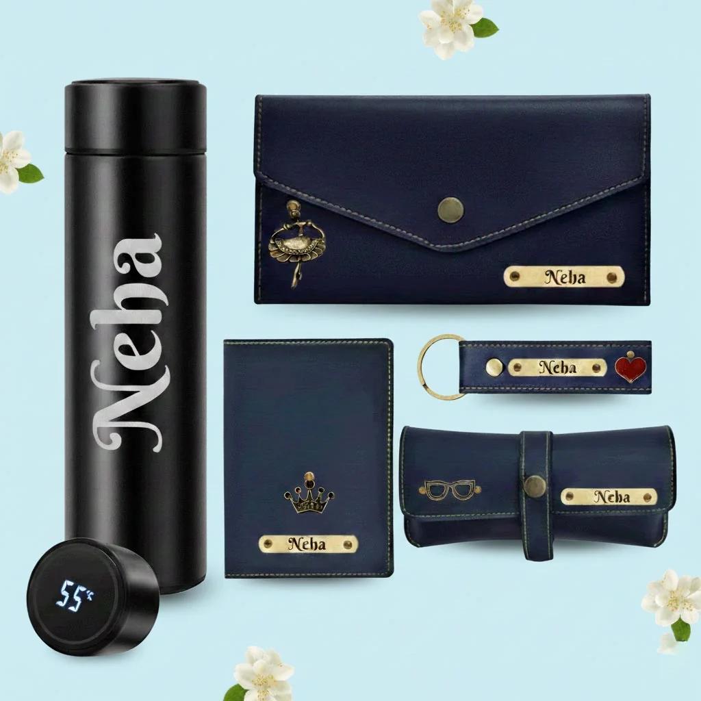 MH Decors Personalized Blue Leather Gift Set for Women – Wallet, Passport Cover & More