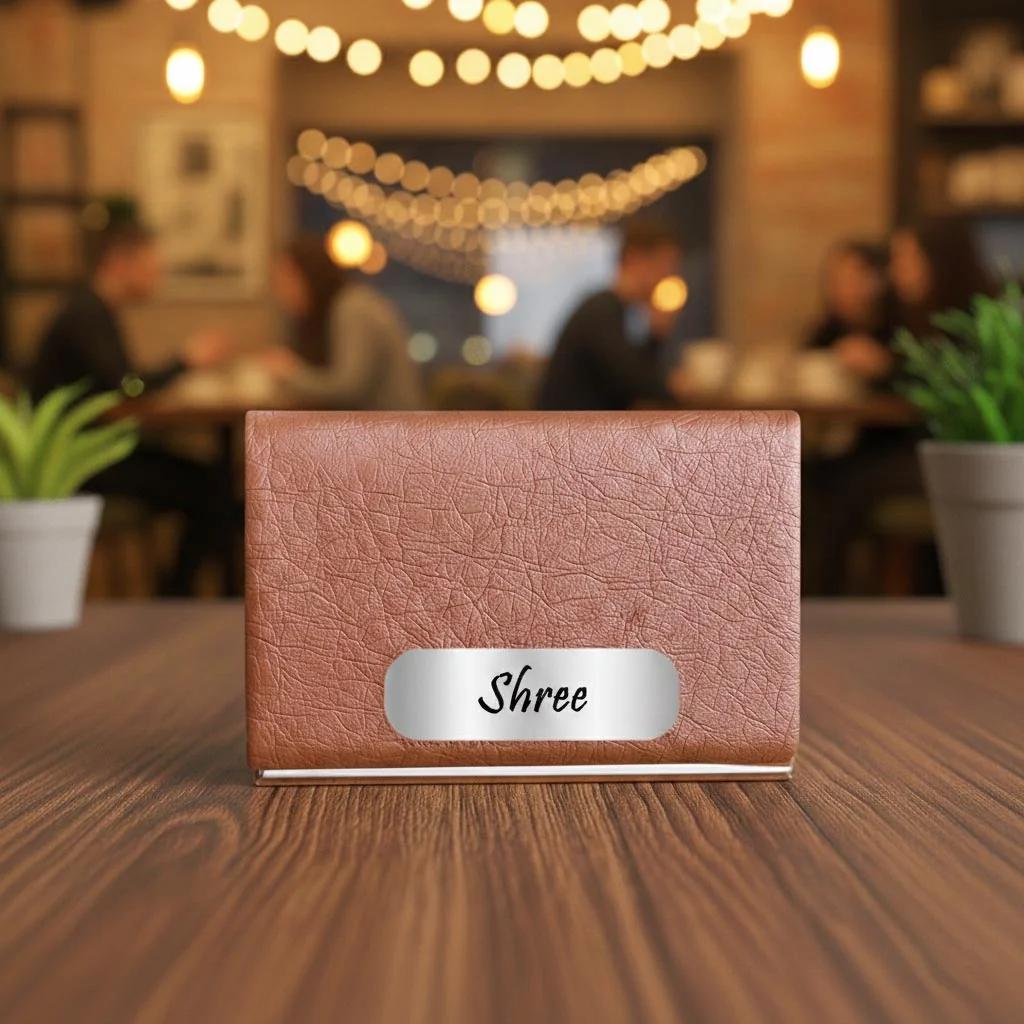 MH Decors Premium Personalized Card Holder – Name Engraved Metal and Leather