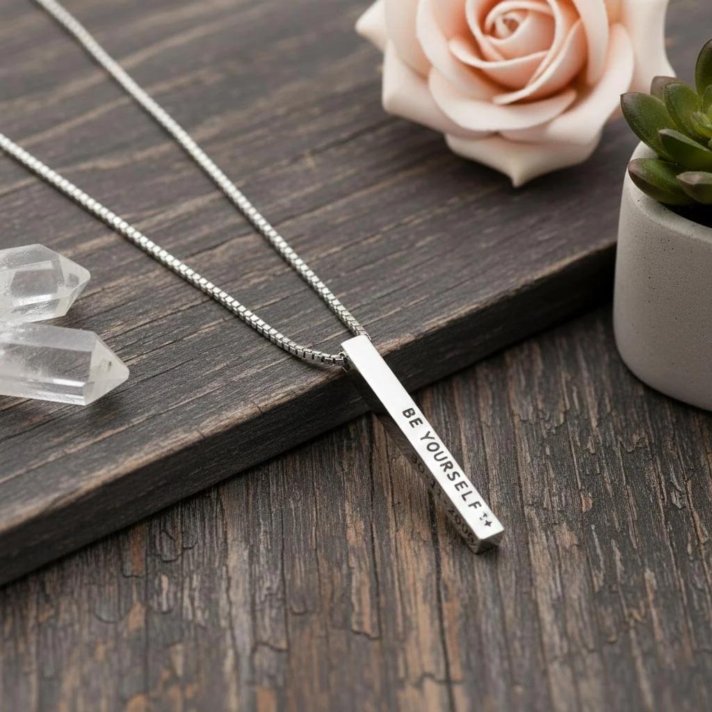 MH Decors Silver Cuboid Necklace – Personalized with Name Engraving