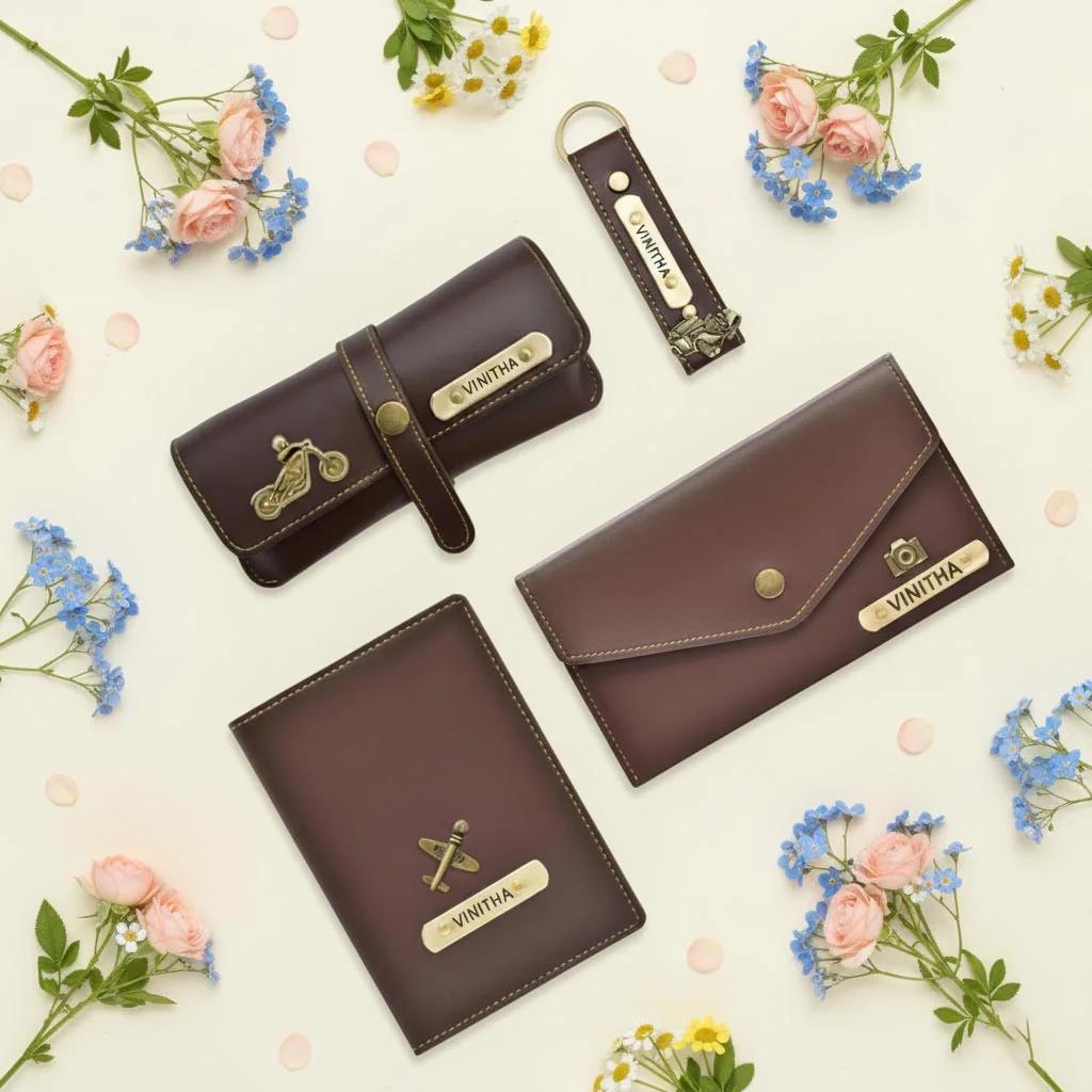 MH Decors Elegant Brown Leather Personalized Gift Set for Women
