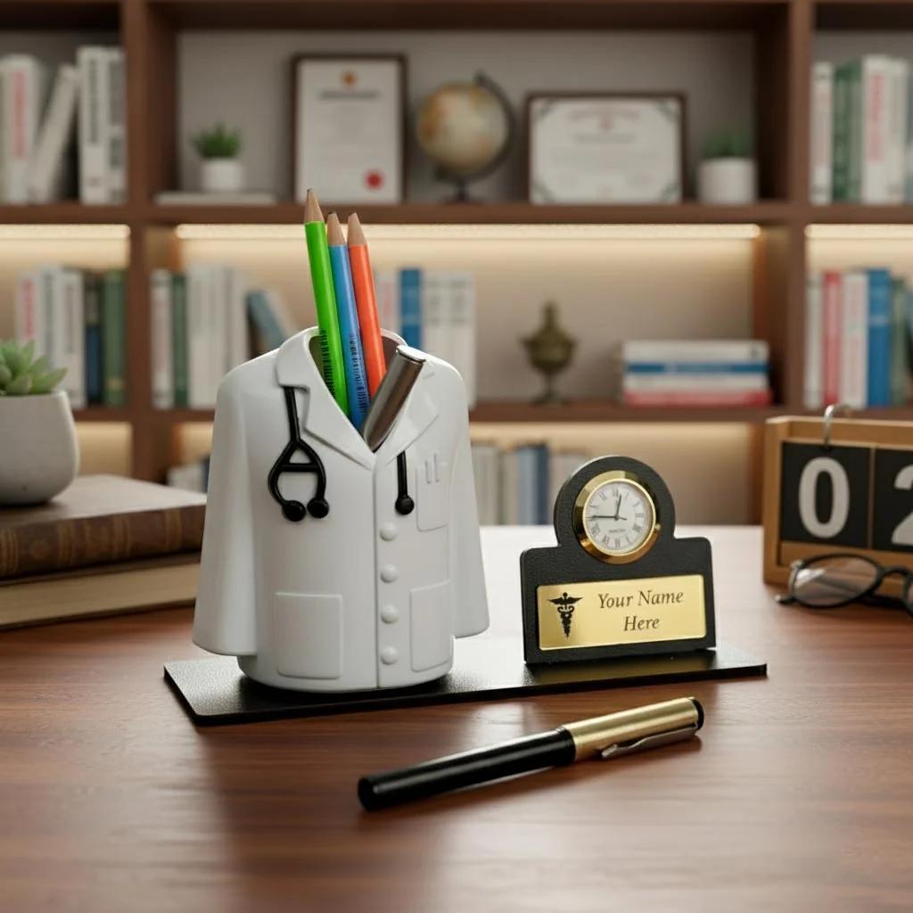 MH Decors Luxury Doctor Desk Accessory – Pen Stand with Name & Clock