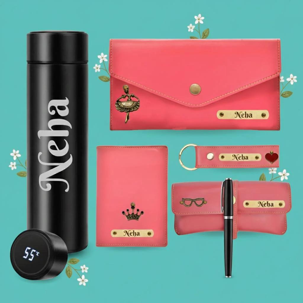 MH Decors Personalized Pink Gift Combo for Her – Wallet, Passport Cover & Accessories