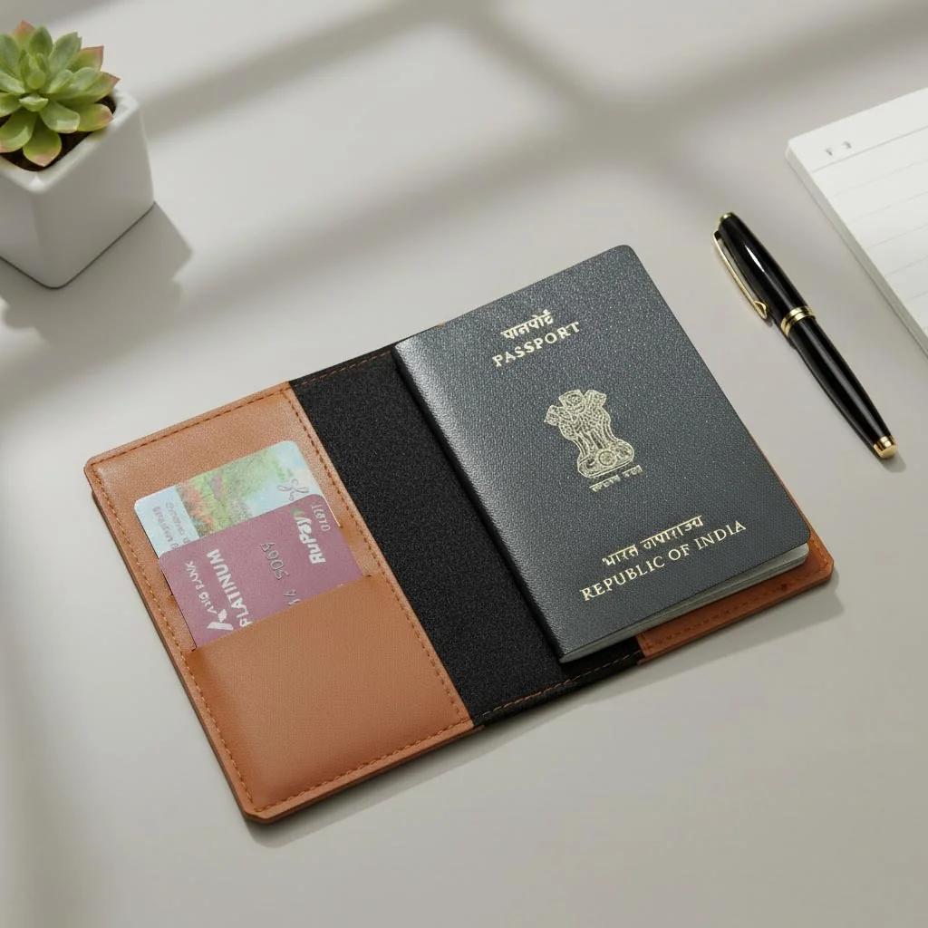MH Decors Stylish Tan Passport Cover – Custom Engraved with Charm