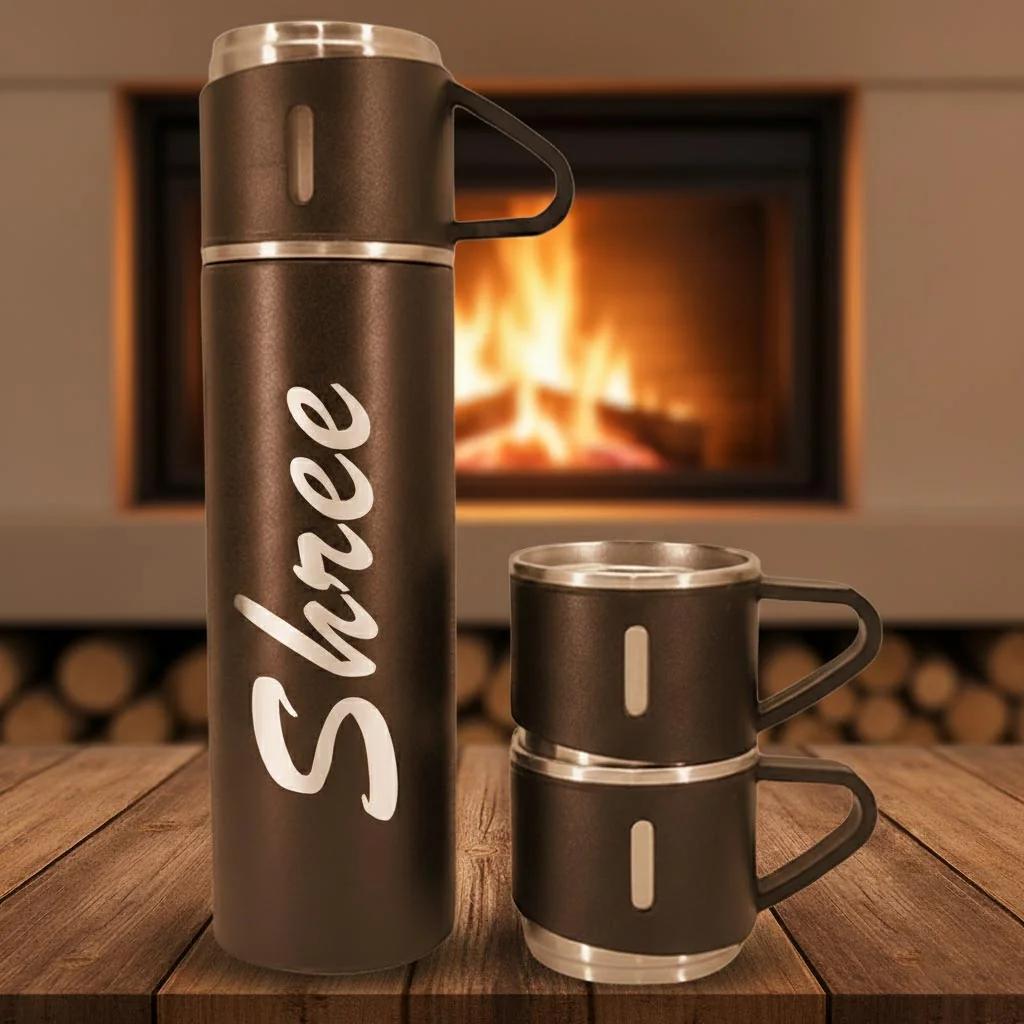 Custom Engraved Flask Gift Set with Two Cups Vacuum Insulated Bottle