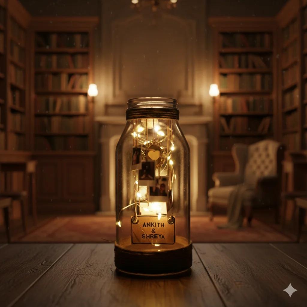 VPH Gift Store Swedish Glass Jar with Personalized Names and Tiny Polaroids LED Lights