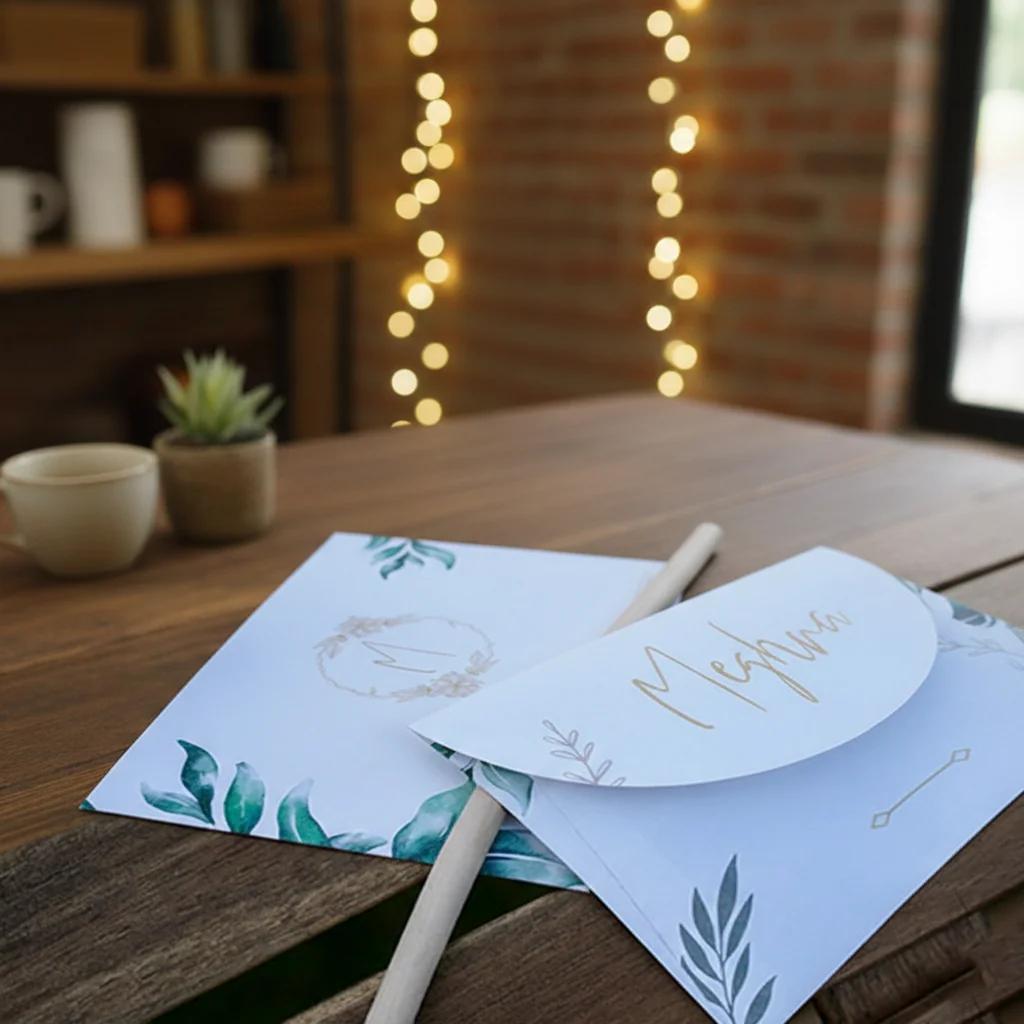 MH Decors Unique Name Envelope with Decorative Sketch Leaves and Card Inside