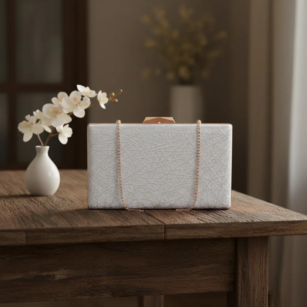 VPH Gift Store Light Grey Box Clutch with Chain for Girls & Women