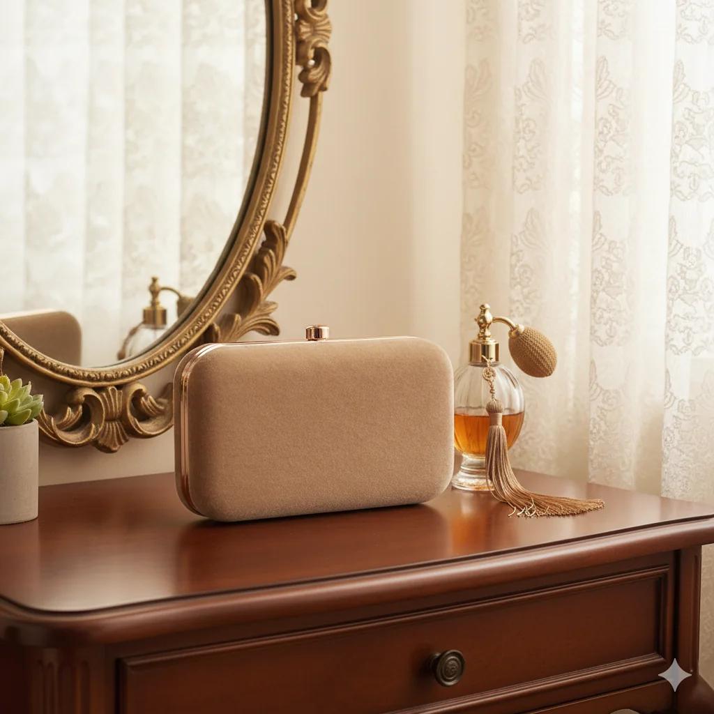 VPH Gift Store Pale Taupe Wedding Clutch Bag with Gold Embroidery for Women