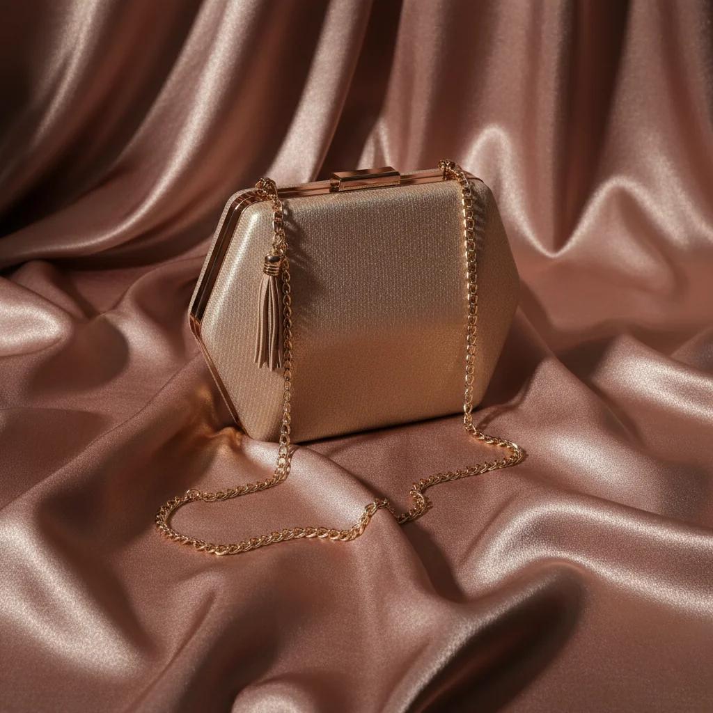 VPH Gift Store Pale Taupe Glittery Gold Corded Push Lock Clutch Bag for Women