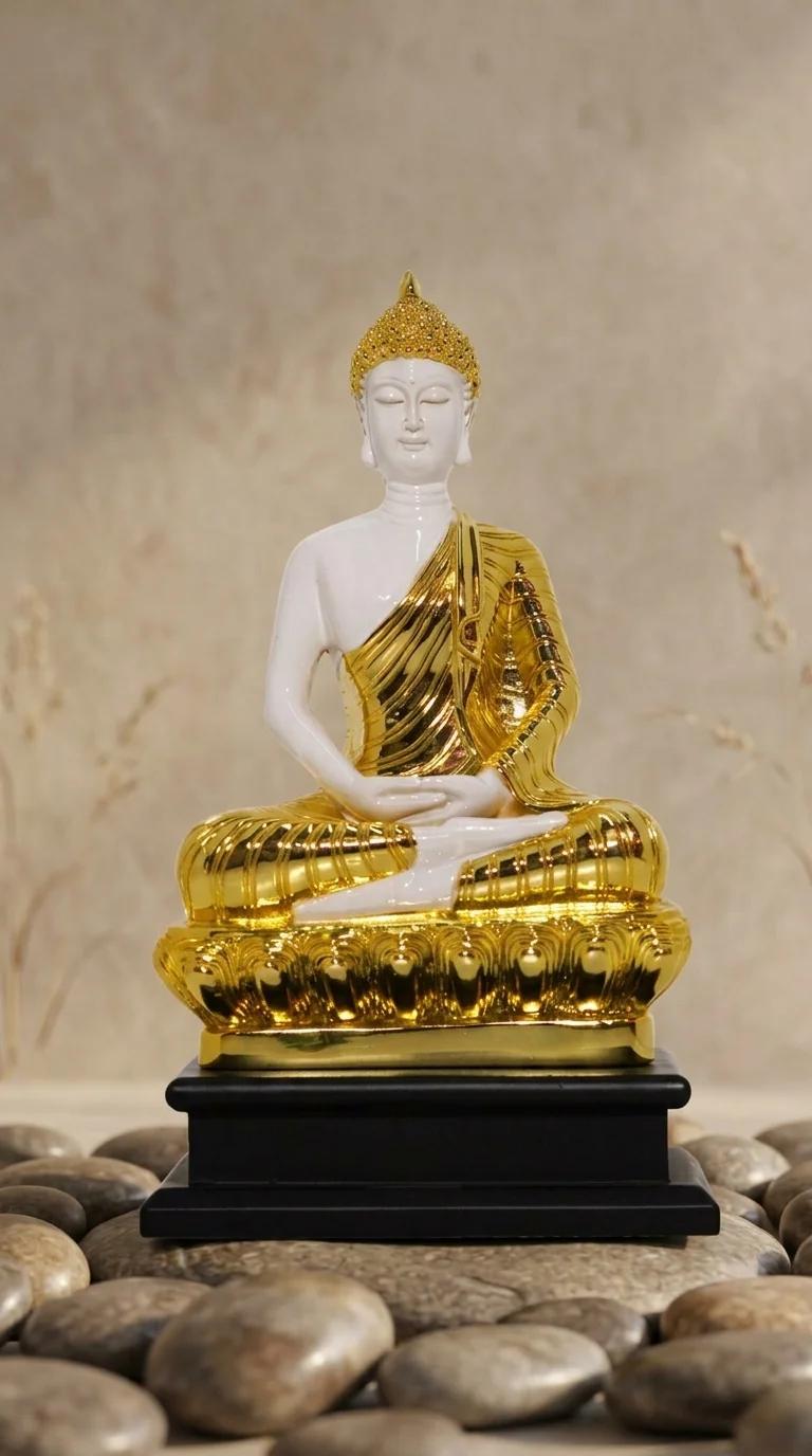 Value Gifts White Gold Buddha Statue in Polystone Perfect Spiritual Home Décor
