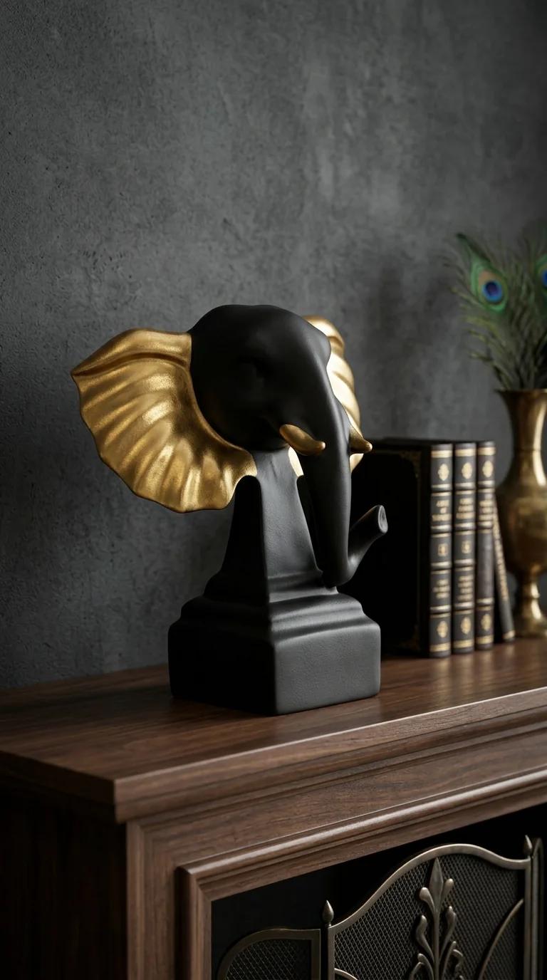 Value Gifts Elegant Black and Gold Elephant Head Ornament for Gifting