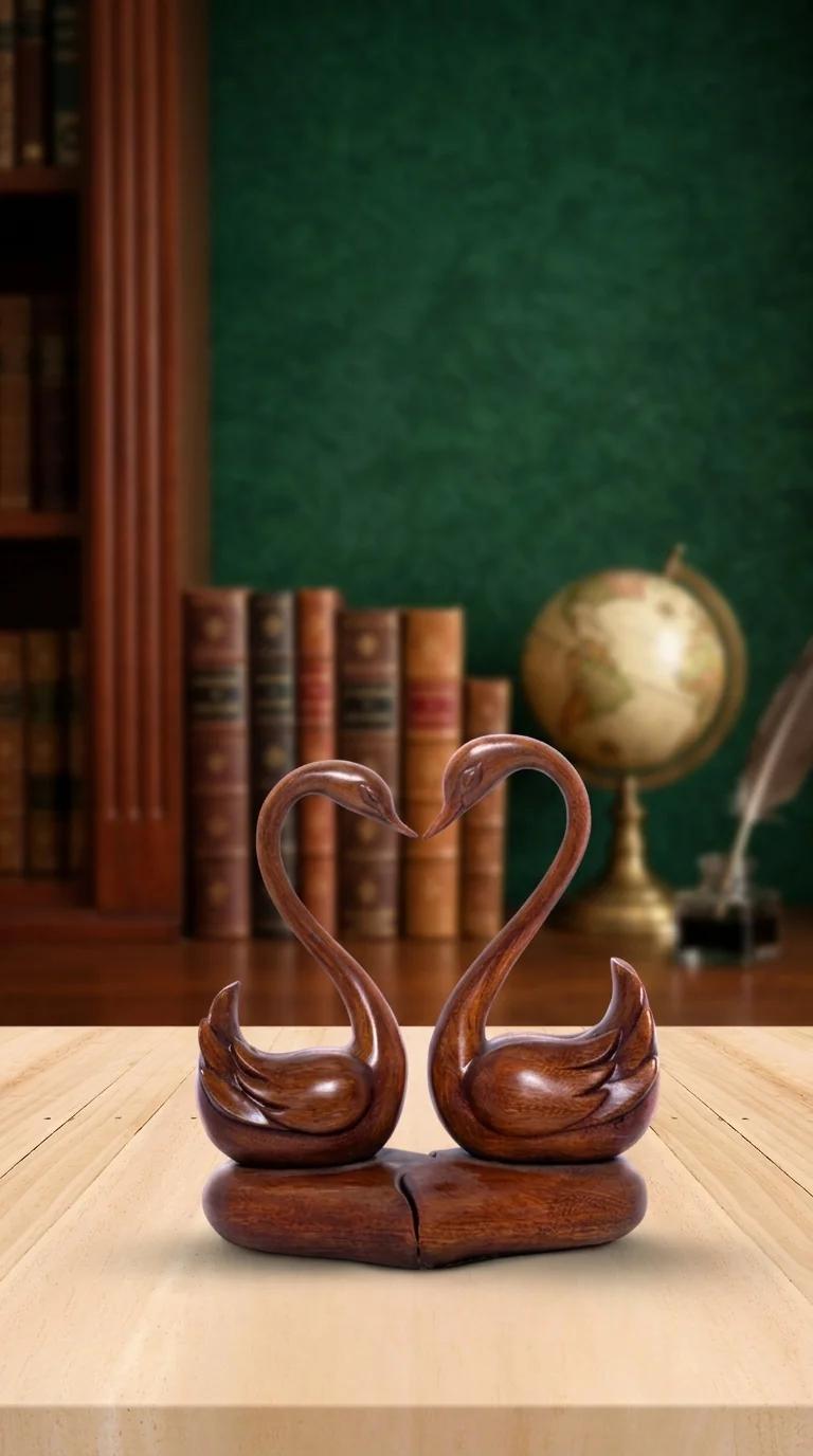 Value Gifts Elegant Wooden Swan Pair Figurine for Desk or Living Room