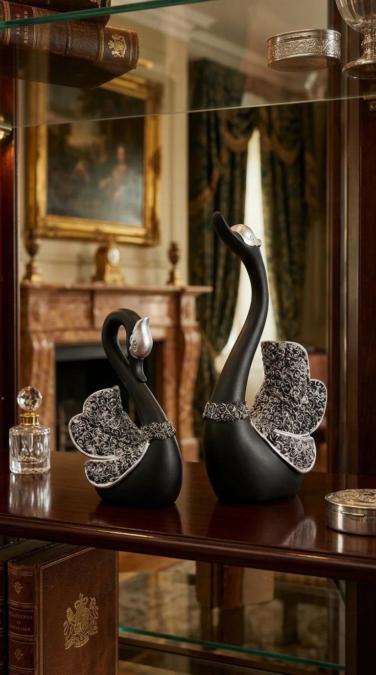 Value Gifts Black and Silver Swan Pair Figurine Decorative Ornament for Home and Office