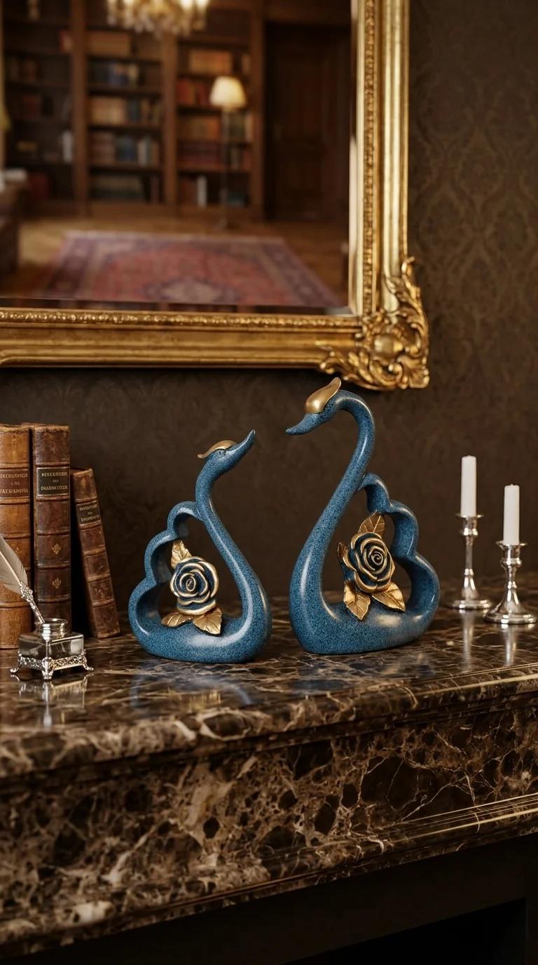 Value Gifts Elegant Swan Pair Blue and Gold Figurine for Living Room Decor