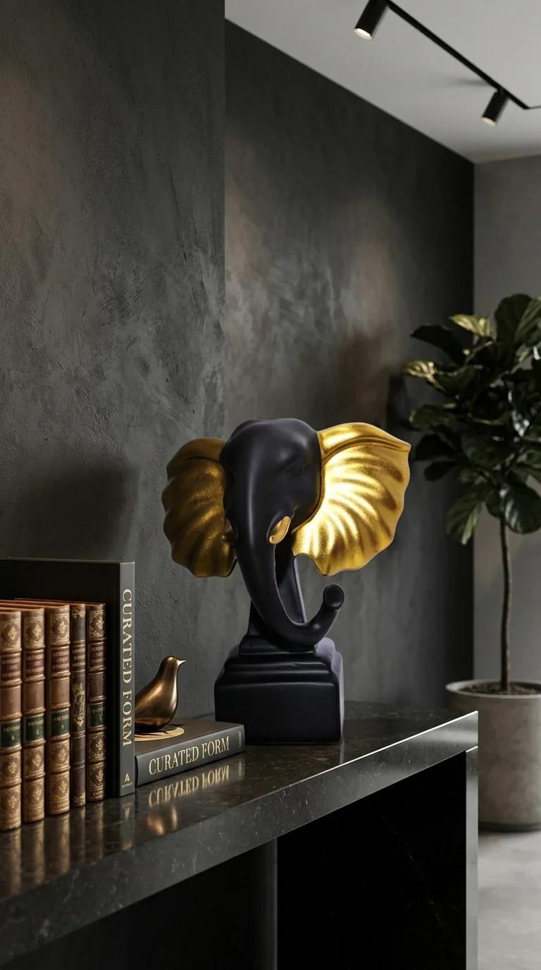 MH Decors Premium Elephant Head Figurine with Black Gold Ears for Home and Gift