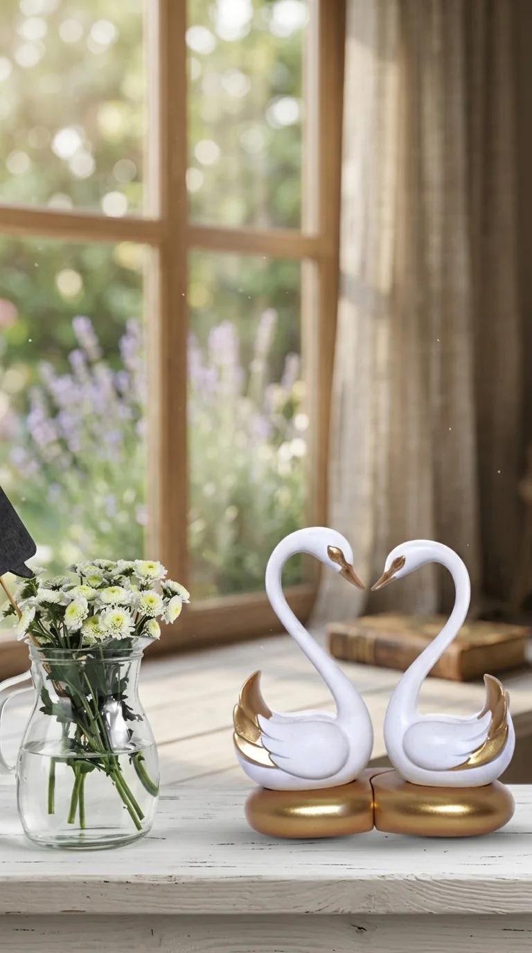 MH Decors Elegant White and Gold Swan Pair Figurine for Home and Office Decoration