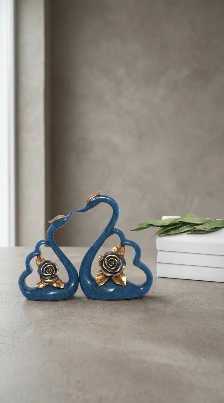 MH Decors Elegant Blue and Gold Swan Pair Figurine for Home and Office Decoration