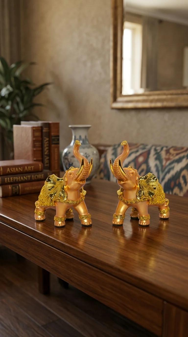 Value Gifts Decorative Golden Elephant Pair Statue for Home and Office Table