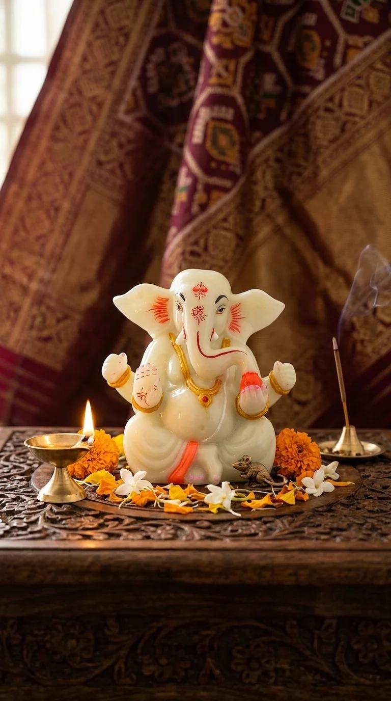 Value Gifts White Marble Lord Ganesha Idol for Car, Office & Home Decor
