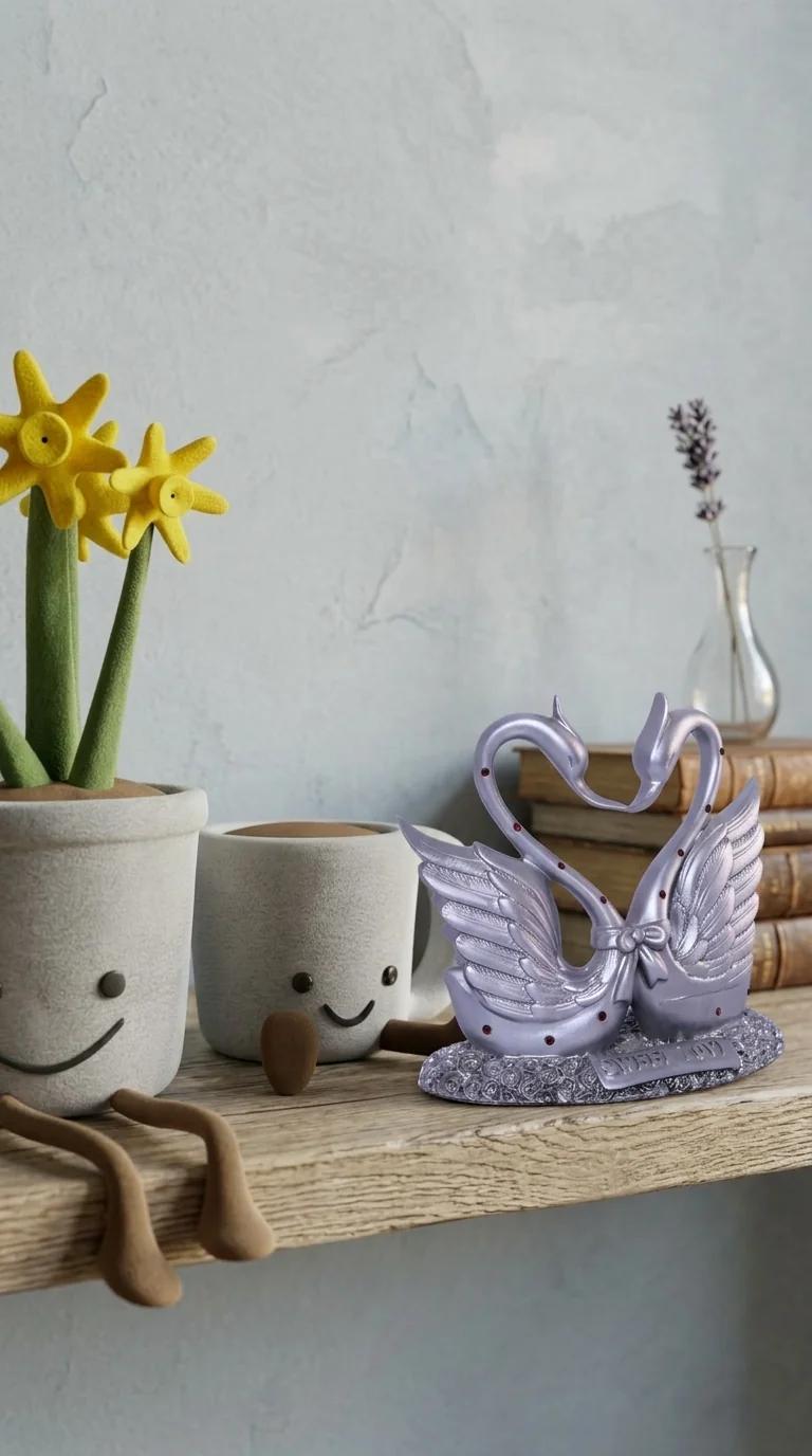 Value Gifts Modern Silver Plated Swan Pair Statue for Home and Office Tabletop
