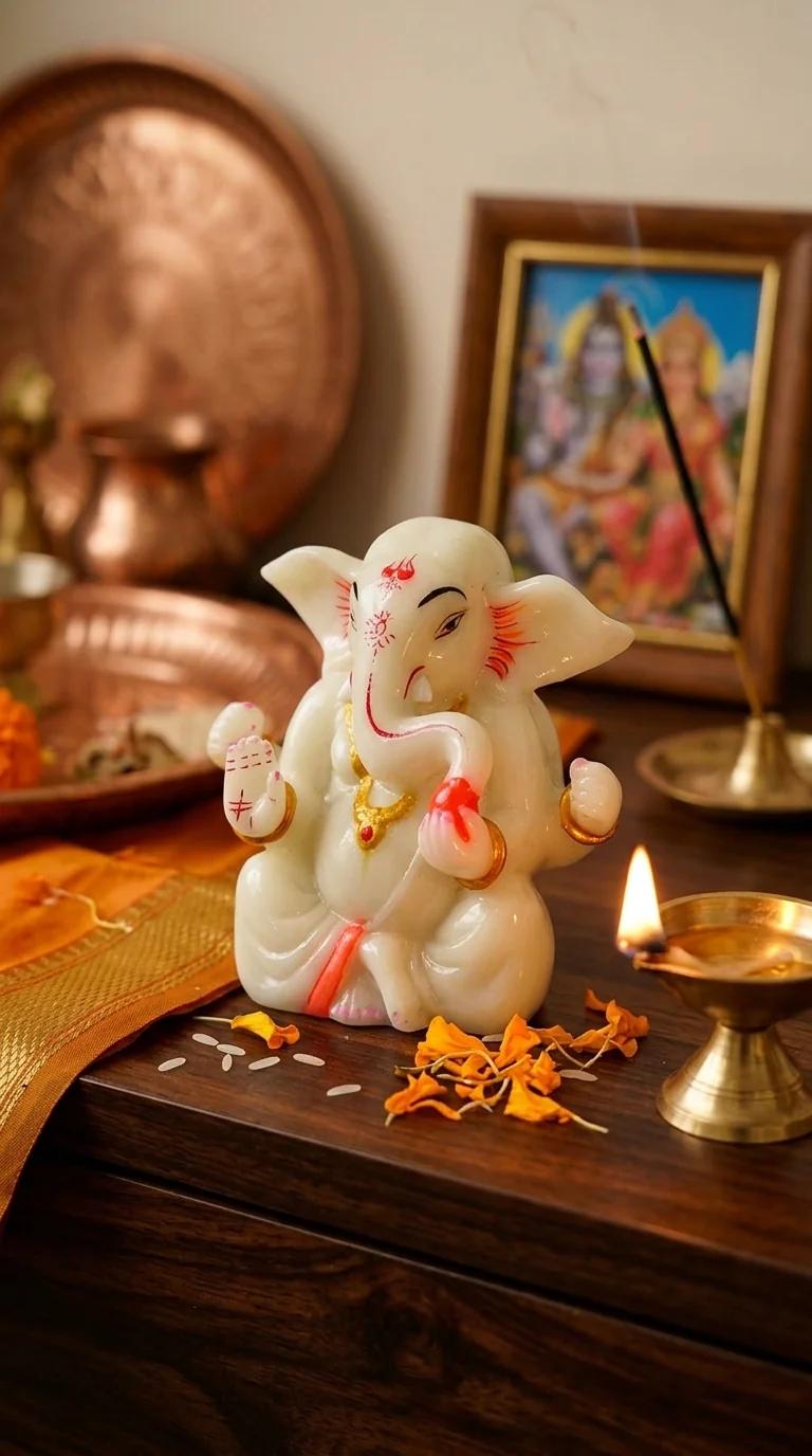MH Decors Ganesh Idol White Marble for Car Dashboard and Living Room Decor