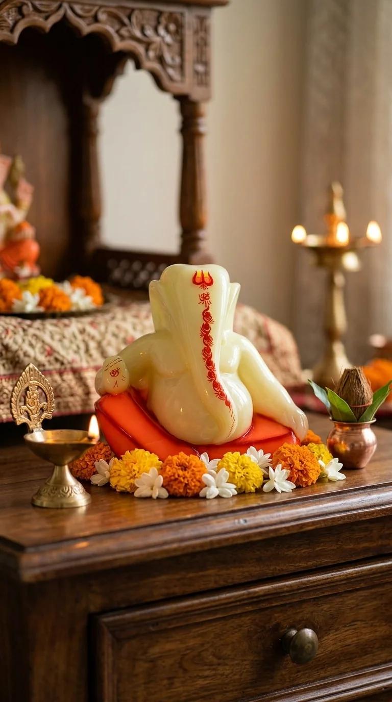 MH Decors Elegant Orange Colour Synthetic Marble Ganesha Figurine for Office and Home