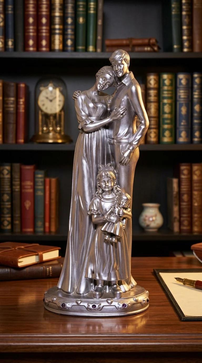 MH Decors Elegant Silver Family Figurine for Tabletop, Home, and Office Decor