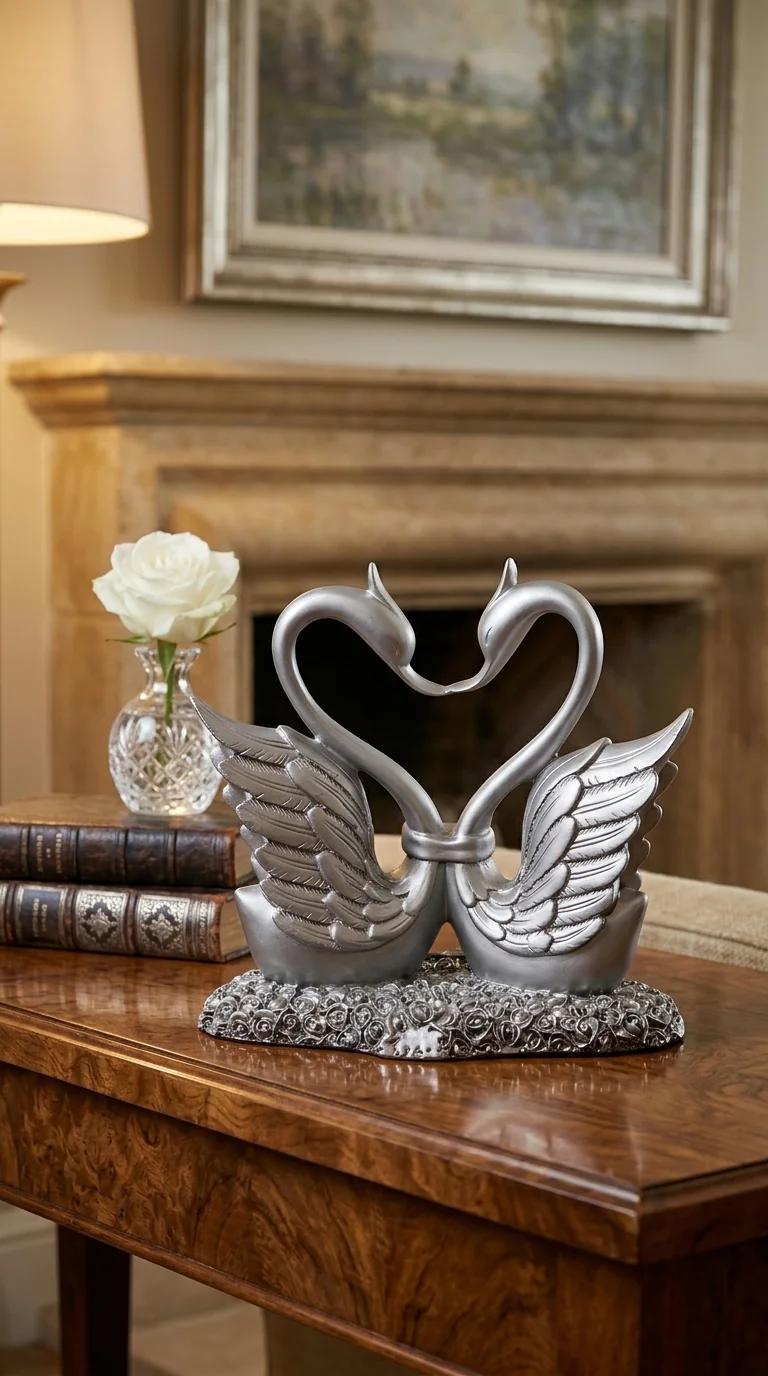 MH Decors Elegant Silver Plated Swan Figurines for Tabletop, Home, and Office Decor