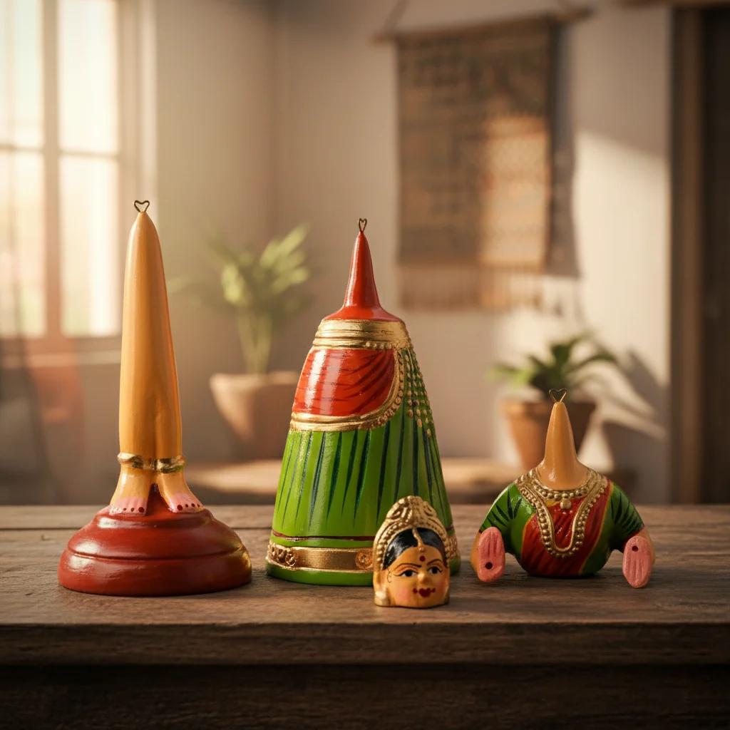 VPH Gift Store Kondapalli Wooden Dancing Doll Butta Bomma Green Pink Home Decor Figurine