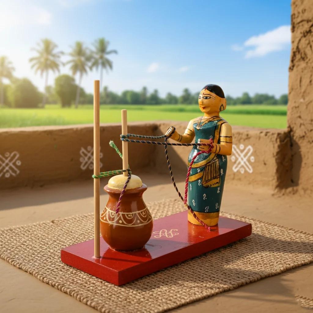 VPH Gift Store Wooden Kondapalli Village Lady Butter Making Handcrafted Home Decoration