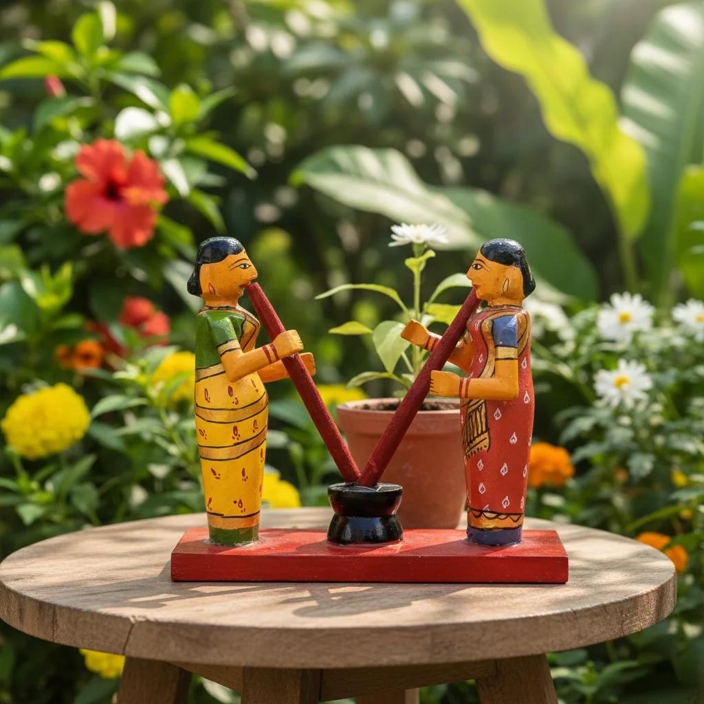 VPH Gift Store Kondapalli Wooden Rice Pounding Women Handcrafted Traditional Showpiece