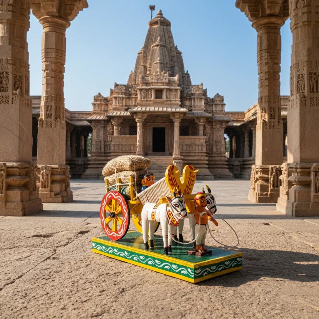 VPH Gift Store Kondapalli Wooden Farmer Couple with Bullock Cart Multi Colour Decorative Figurine