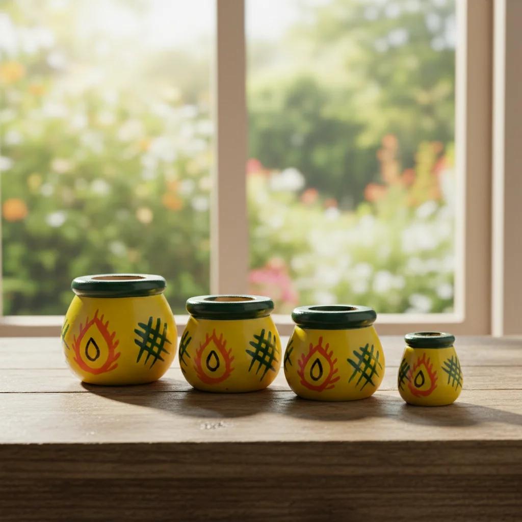 VPH Gift Store Kondapalli Wooden Yellow Matki Set of 4 Handcrafted Decorative Figurines