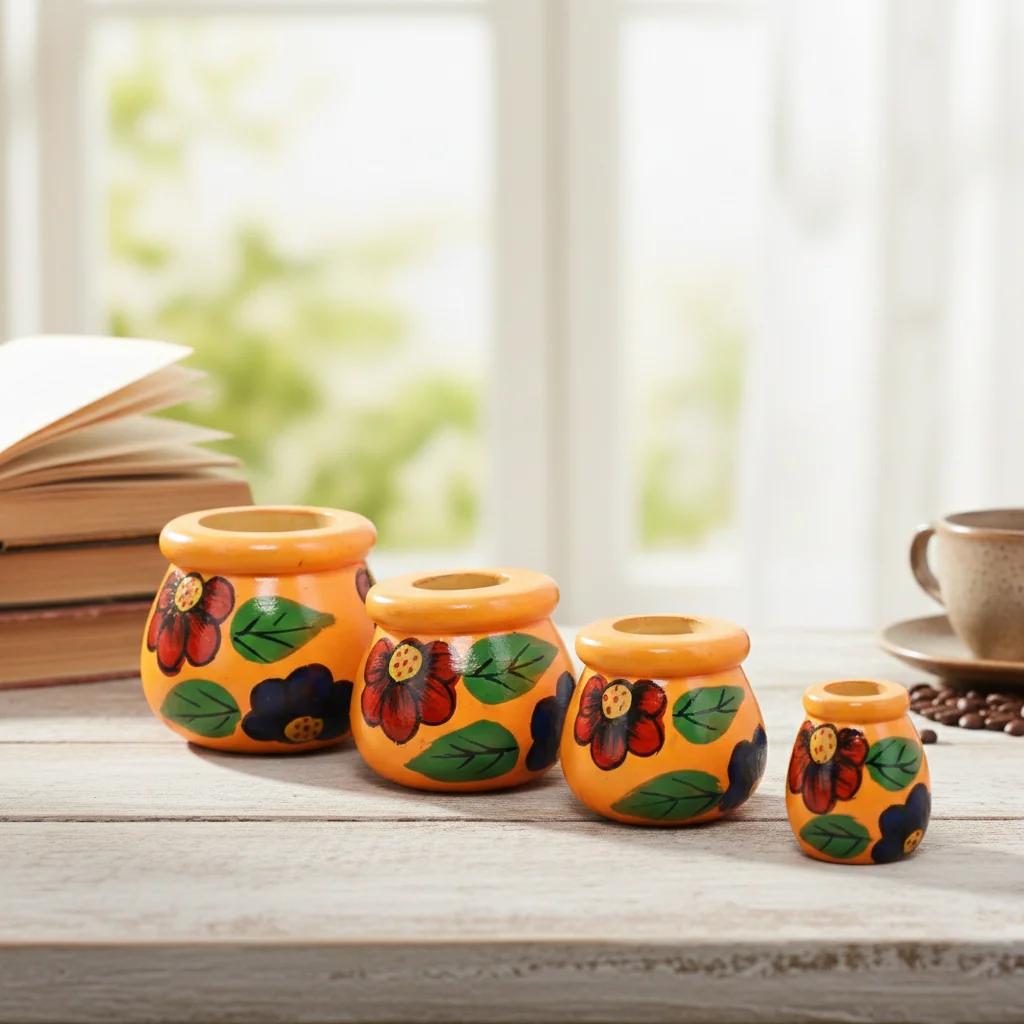 VPH Gift Store Handmade Kondapalli Wooden Matki Set of 4 Orange Home Decoration