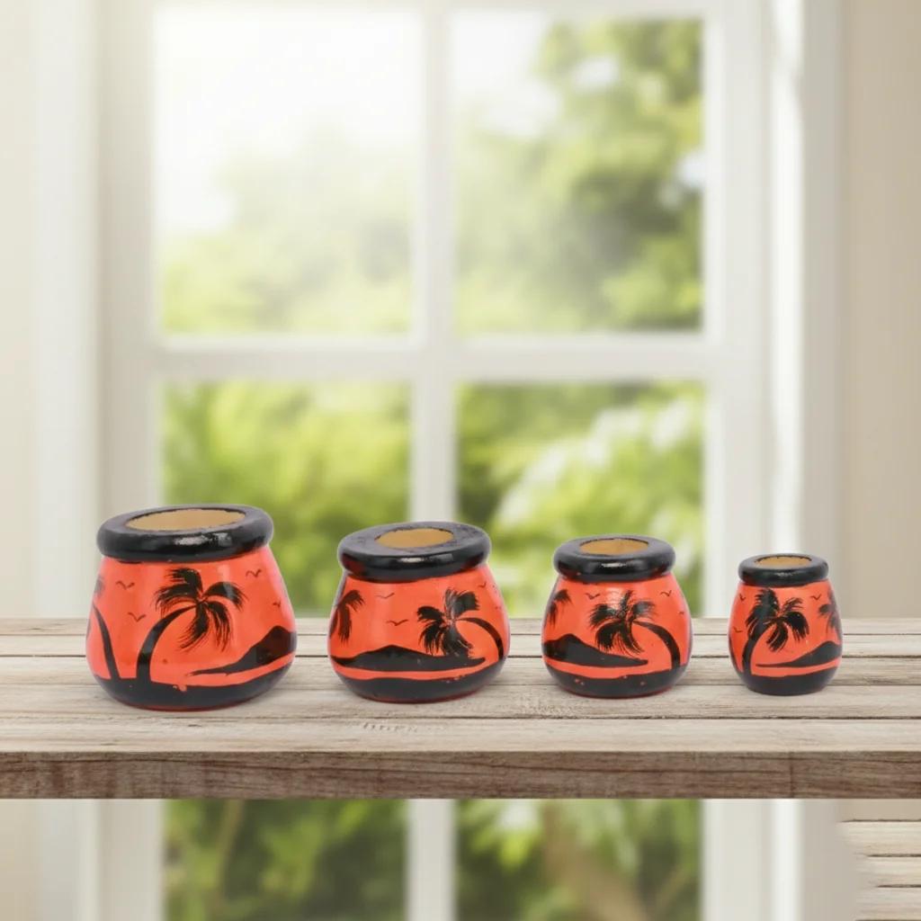 VPH Gift Store Handmade Kondapalli Wooden Matki Set of 4 Red Home Decoration