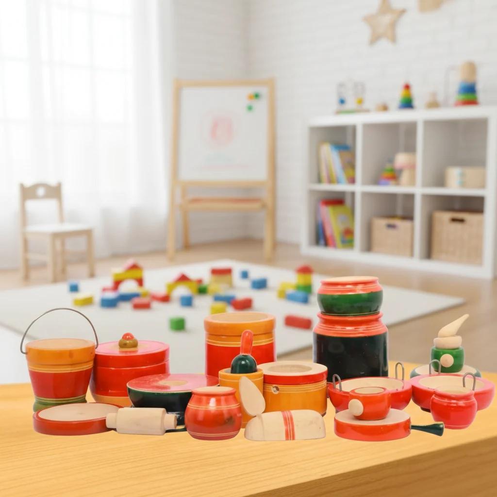 VPH Gift Store Handmade Kondapalli Wooden Kitchen Play Set for Children Eco Friendly