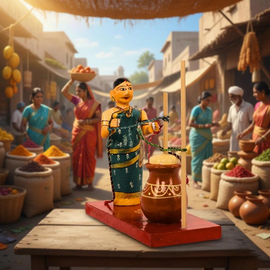 MH Decors Handmade Kondapalli Wooden Traditional Butter Making Lady Figurine for Living Room