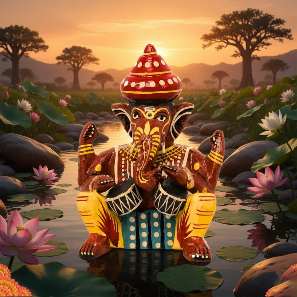 MH Decors Handcrafted Kondapalli Wooden Ganesha Musician Doll Set of 6 for Home Display