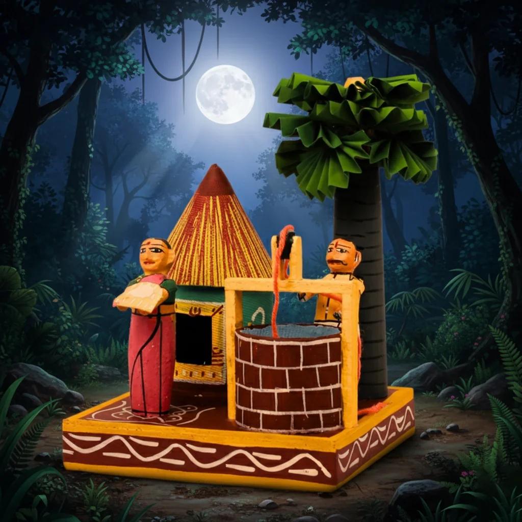 MH Decors Kondapalli Wooden Village Hut with Well Handcrafted Home Decor Figurine