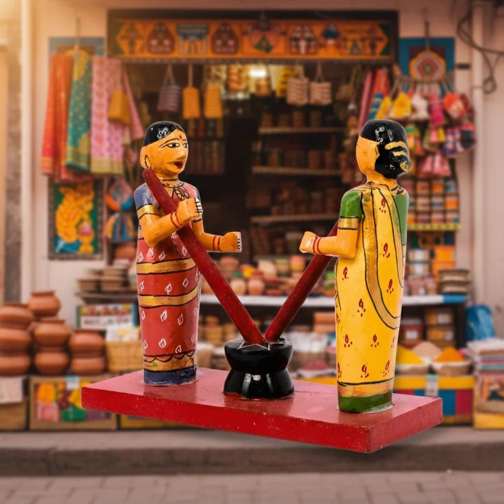 MH Decors Kondapalli Wooden Traditional Rice Pounding Women Handcrafted Decorative Set