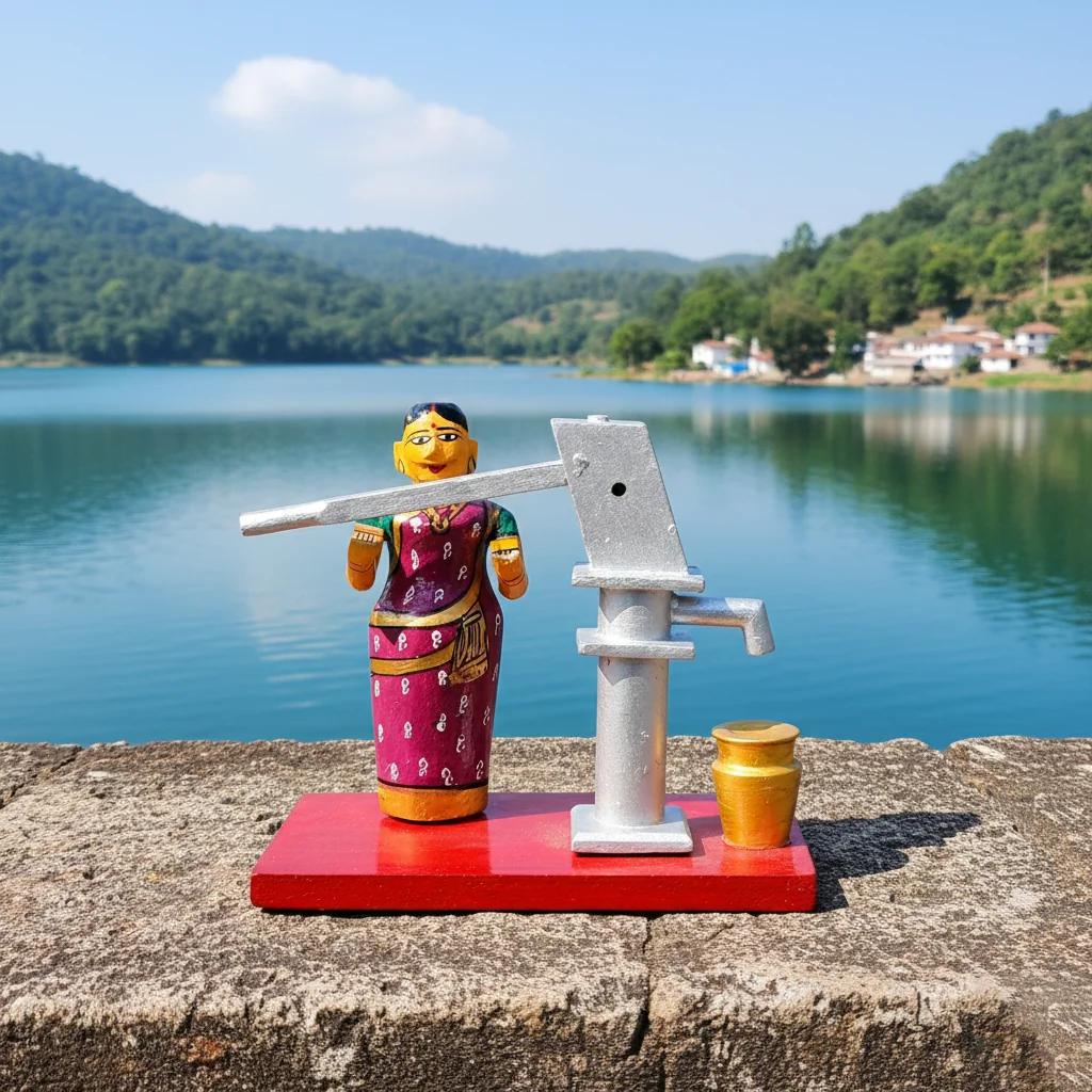 MH Decors Wooden Village Women with Hand Pump Kondapalli Handcrafted Decorative Figurine