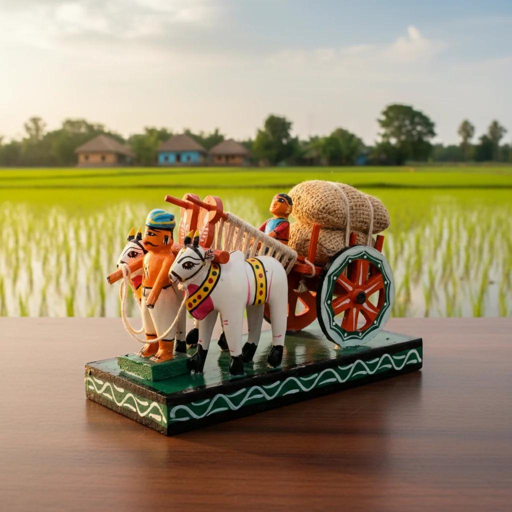 MH Decors Kondapalli Wooden Small Bullock Cart Multi-Colour Handcrafted Showpiece