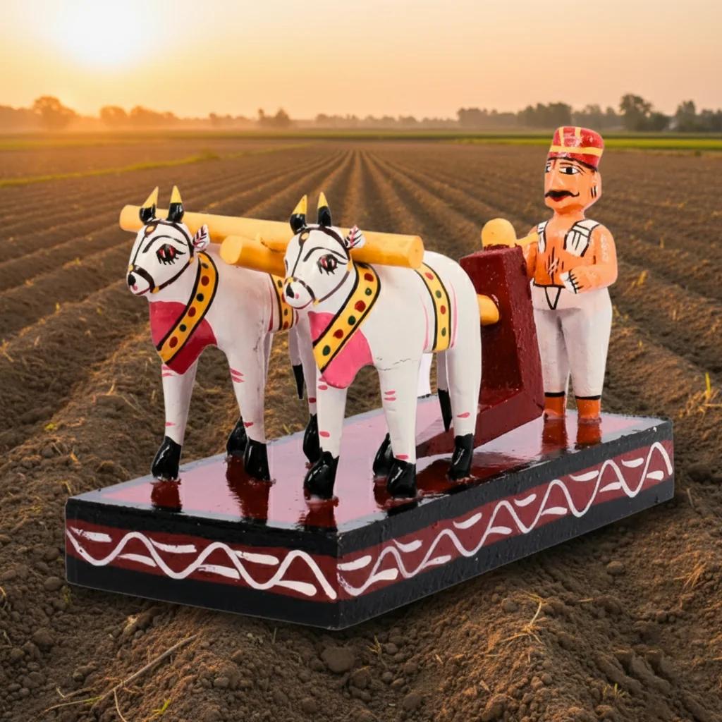 MH Decors Kondapalli Wooden Farmer with Bulls Toy Handcrafted for Home Interiors