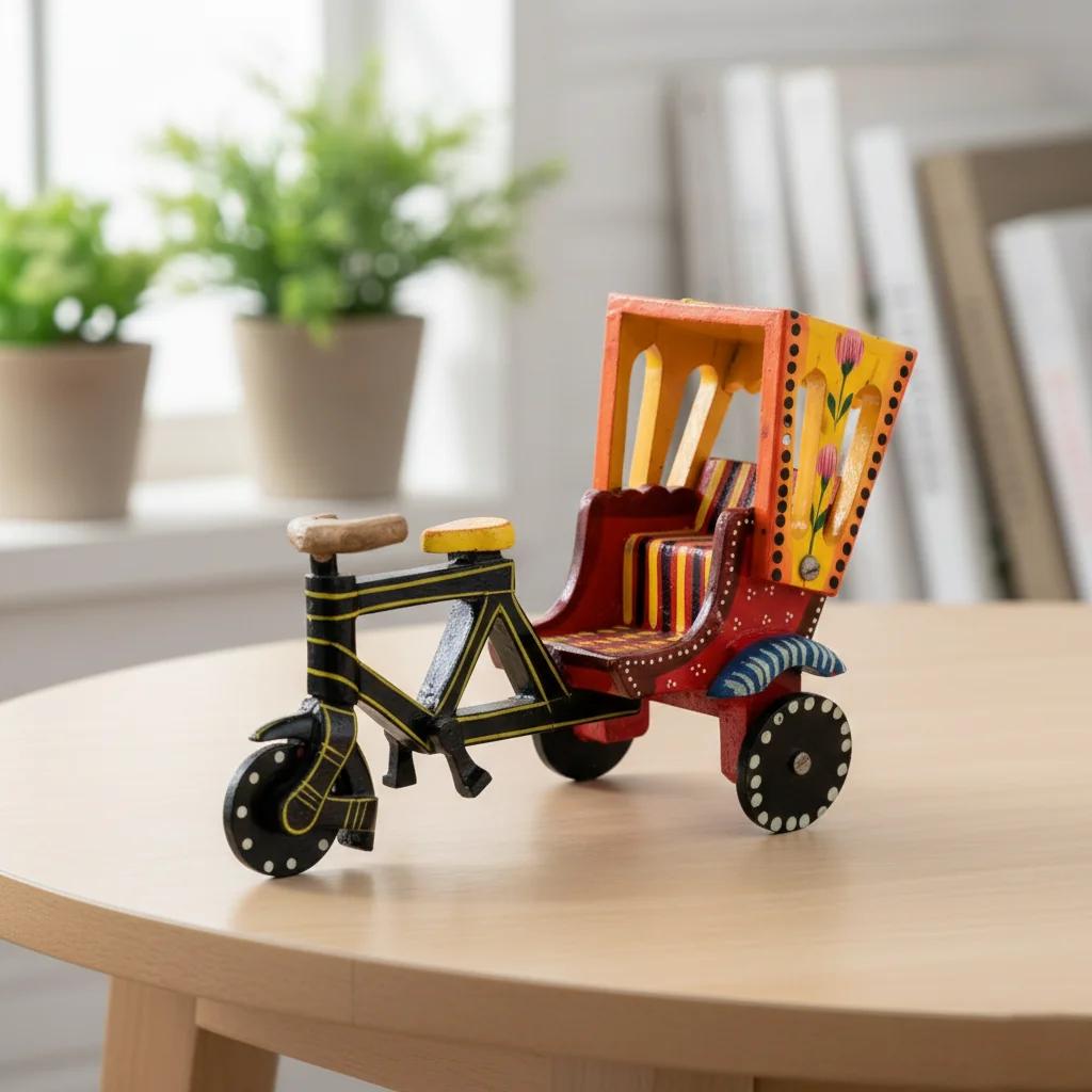 MH Decors Hand Painted Kondapalli Wooden Tricycle Rickshaw Toy Decorative Figurine