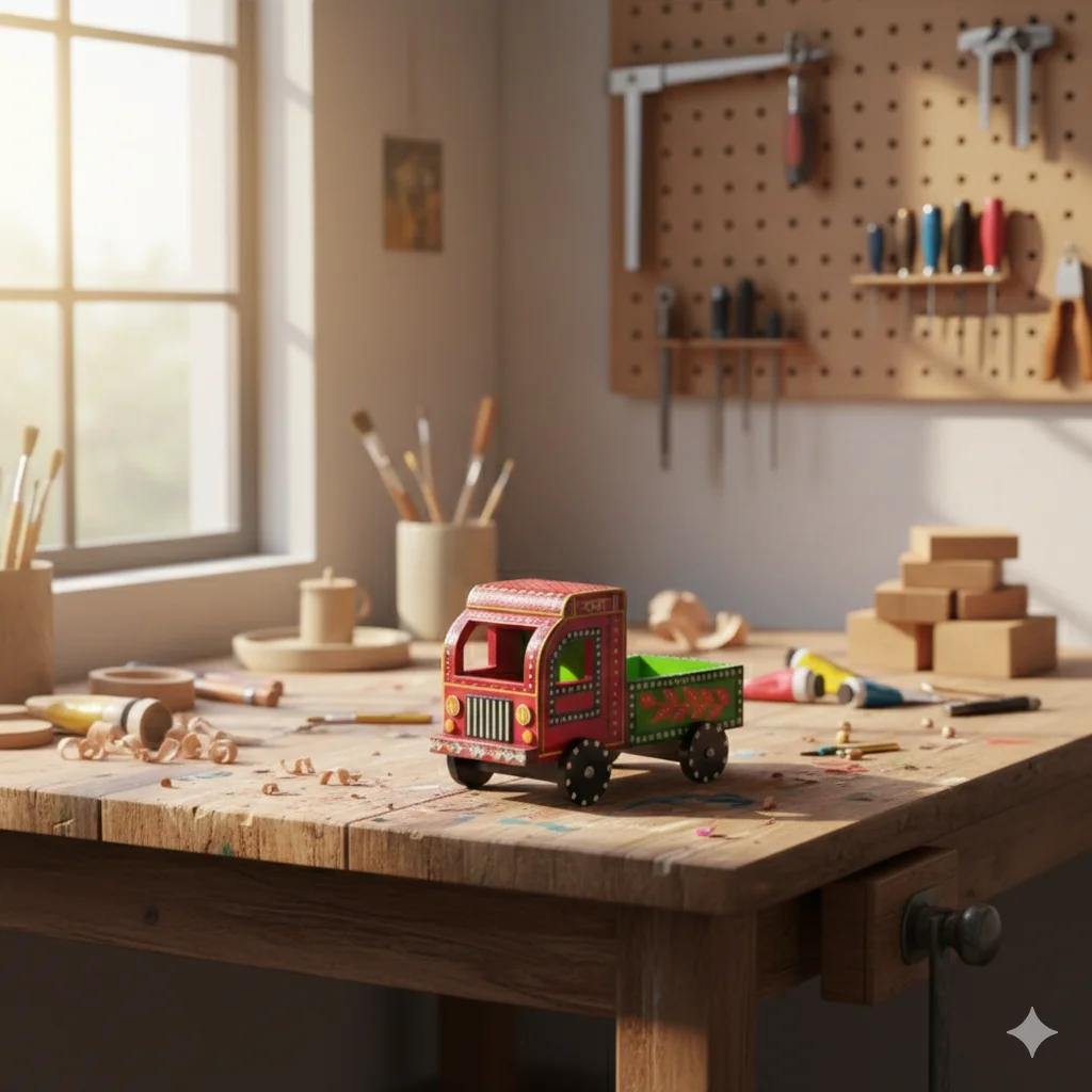 MH Decors Wooden Push and Pull Truck Kondapalli Hand Painted Decorative Figurine